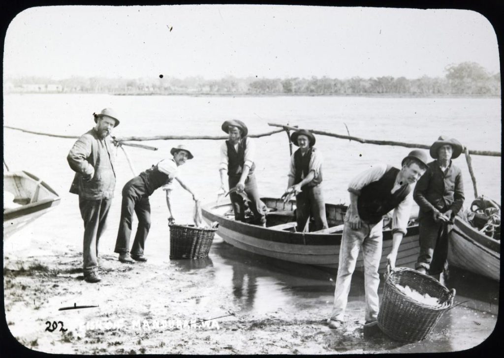 old image of men fishing in mandurahs waters